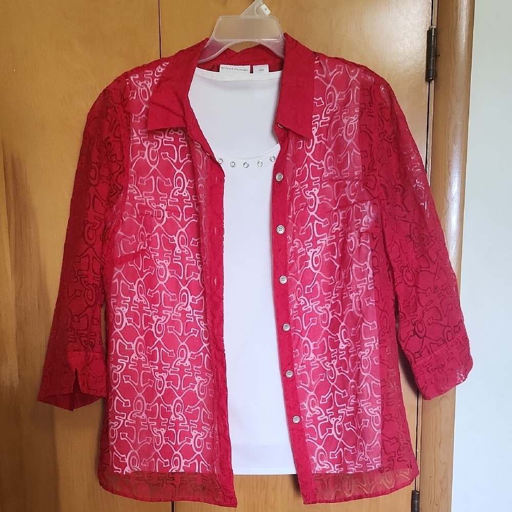 Alfred Dunner Red 3/4 Sleeve Notched Collar Button Down Shirt